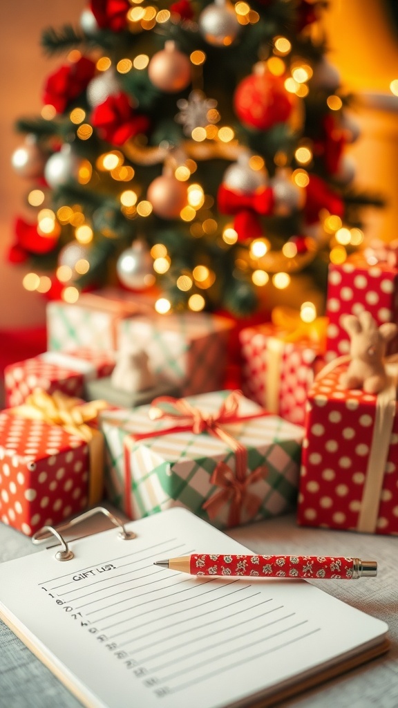 Christmas Gift Planning Guide: Part 2 A festive Christmas scene with a decorated tree, wrapped gifts, and a gift planning notepad.